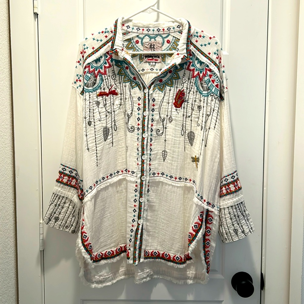 Johnny Was Pete & Greta White Embroidered Button-Up Top